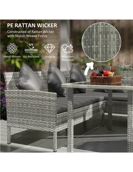 Outsunny tsunny 6-Seater Rattan Dining Set Sofa Table Footstool Outdoor w/ Cushion Garden Furniture, Dark Grey