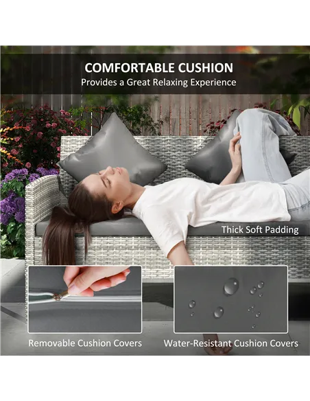 Outsunny tsunny 6-Seater Rattan Dining Set Sofa Table Footstool Outdoor w/ Cushion Garden Furniture, Dark Grey