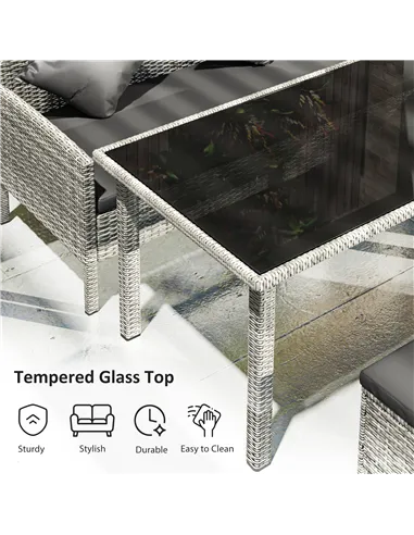 Outsunny tsunny 6-Seater Rattan Dining Set Sofa Table Footstool Outdoor w/ Cushion Garden Furniture, Dark Grey