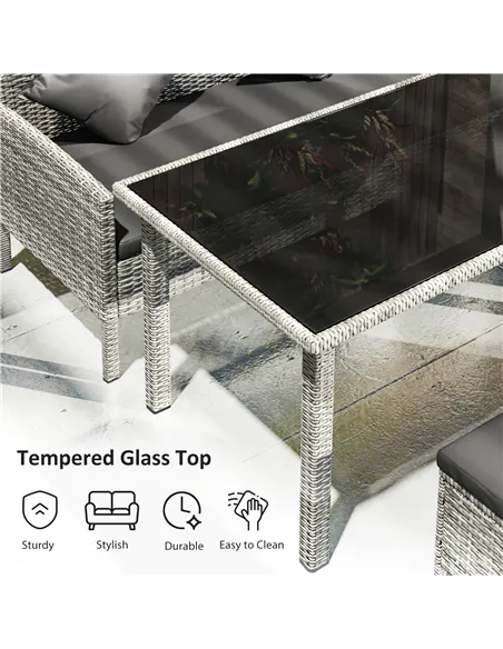 Outsunny tsunny 6-Seater Rattan Dining Set Sofa Table Footstool Outdoor w/ Cushion Garden Furniture, Dark Grey