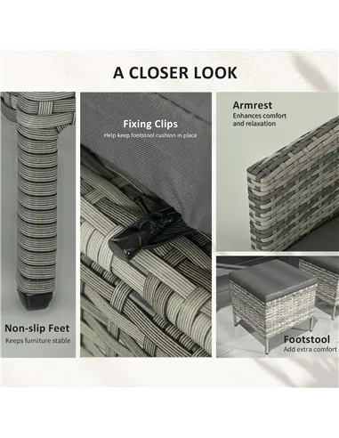 Outsunny tsunny 6-Seater Rattan Dining Set Sofa Table Footstool Outdoor w/ Cushion Garden Furniture, Dark Grey