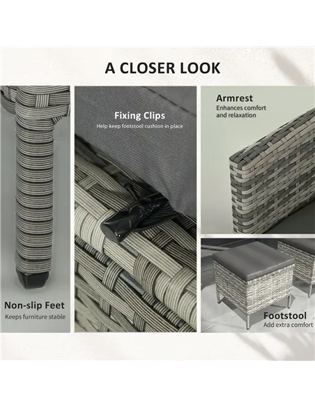 Outsunny tsunny 6-Seater Rattan Dining Set Sofa Table Footstool Outdoor w/ Cushion Garden Furniture, Dark Grey