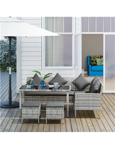 Outsunny tsunny 6-Seater Rattan Dining Set Sofa Table Footstool Outdoor w/ Cushion Garden Furniture, Dark Grey