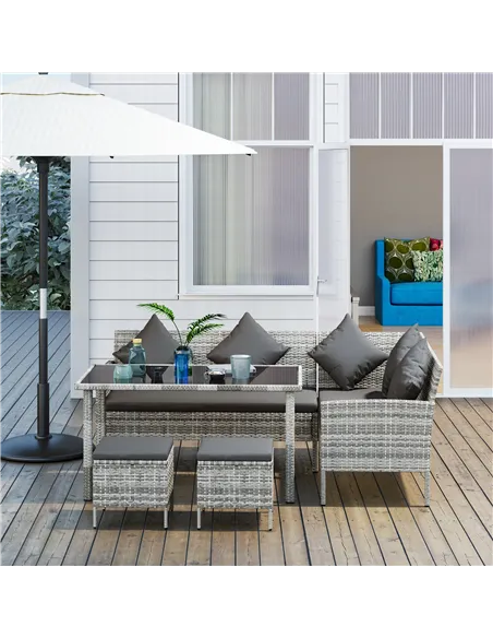 Outsunny tsunny 6-Seater Rattan Dining Set Sofa Table Footstool Outdoor w/ Cushion Garden Furniture, Dark Grey