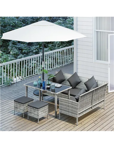 Outsunny tsunny 6-Seater Rattan Dining Set Sofa Table Footstool Outdoor w/ Cushion Garden Furniture, Dark Grey