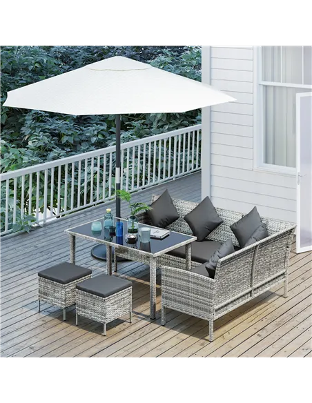 Outsunny tsunny 6-Seater Rattan Dining Set Sofa Table Footstool Outdoor w/ Cushion Garden Furniture, Dark Grey
