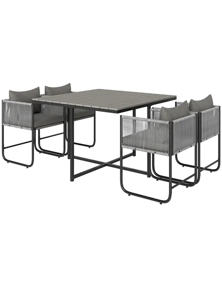 Outsunny 4 Seater Rattan Cube Garden Furniture Set, Rattan Dining Set with Cushions, Outdoor Dining Table and Chairs with Rectan