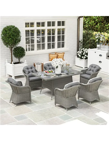 Outsunny Seven-Piece Rattan Dining Set - Light Grey