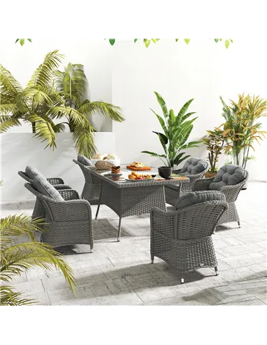 Outsunny Seven-Piece Rattan Dining Set - Light Grey