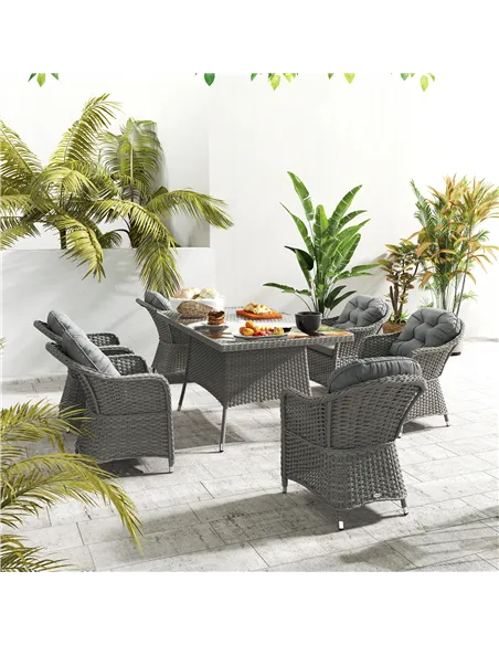 Outsunny Seven-Piece Rattan Dining Set - Light Grey