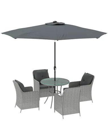Outsunny 4 Seater Rattan Dining Set with Parasol & Cushions - Light Grey