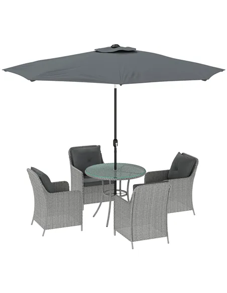 Outsunny 4 Seater Rattan Dining Set with Parasol & Cushions - Light Grey