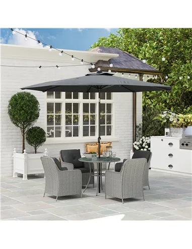 Outsunny 4 Seater Rattan Dining Set with Parasol & Cushions - Light Grey