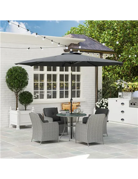 Outsunny 4 Seater Rattan Dining Set with Parasol & Cushions - Light Grey