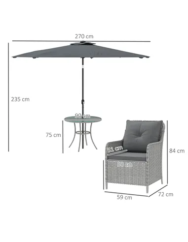 Outsunny 4 Seater Rattan Dining Set with Parasol & Cushions - Light Grey