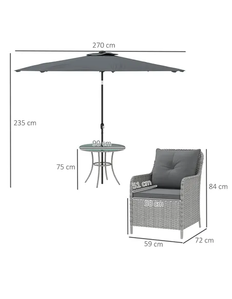 Outsunny 4 Seater Rattan Dining Set with Parasol & Cushions - Light Grey