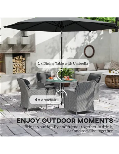 Outsunny 4 Seater Rattan Dining Set with Parasol & Cushions - Light Grey