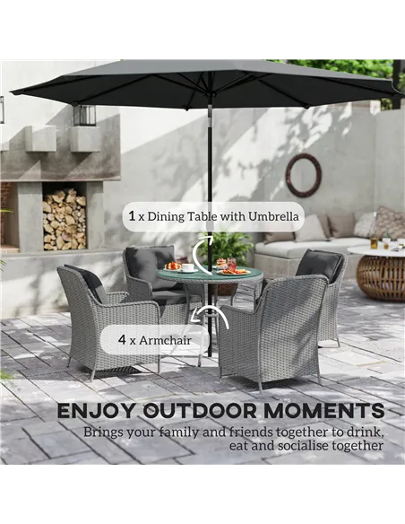 Outsunny 4 Seater Rattan Dining Set with Parasol & Cushions - Light Grey