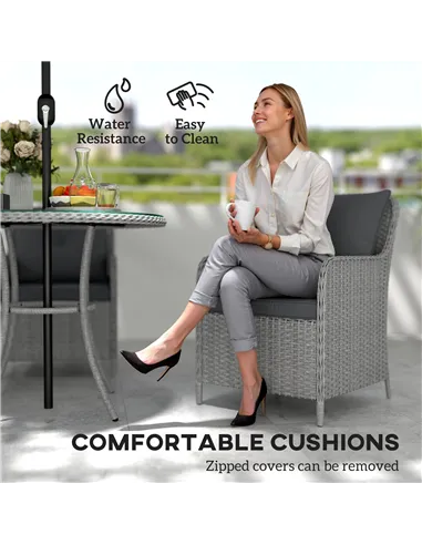 Outsunny 4 Seater Rattan Dining Set with Parasol & Cushions - Light Grey