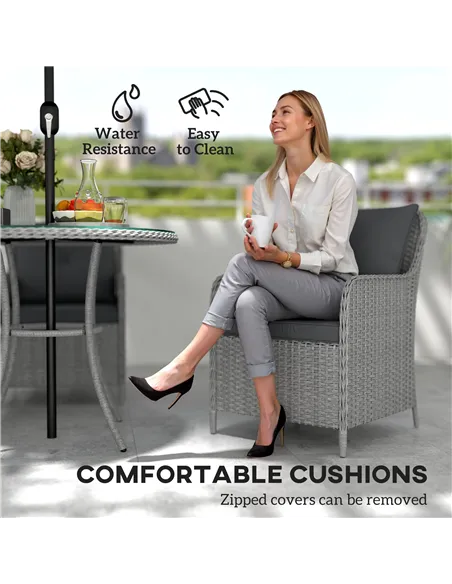 Outsunny 4 Seater Rattan Dining Set with Parasol & Cushions - Light Grey