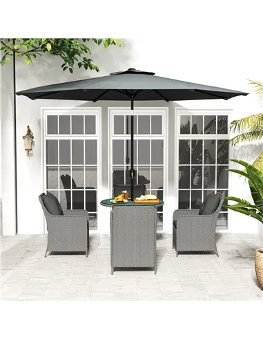 Outsunny 4 Seater Rattan Dining Set with Parasol & Cushions - Light Grey