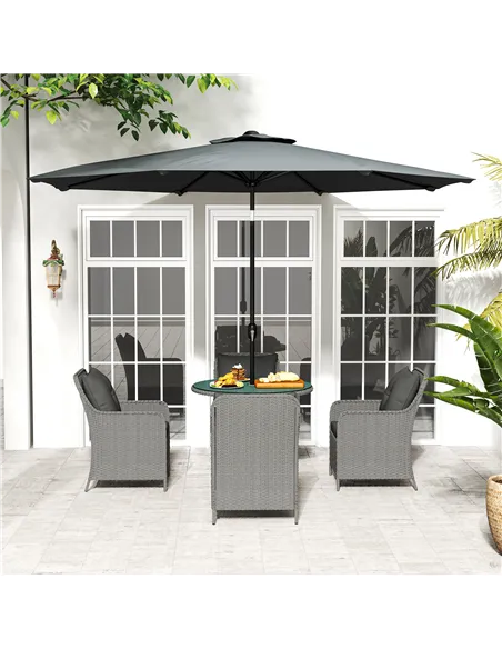 Outsunny 4 Seater Rattan Dining Set with Parasol & Cushions - Light Grey