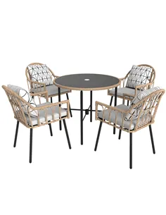 Outsunny 5 Piece Patio Rattan Dining Set, Wicker Garden Table and Chairs w/ Removable Seat & Back Cushions, Round Tempered Glass