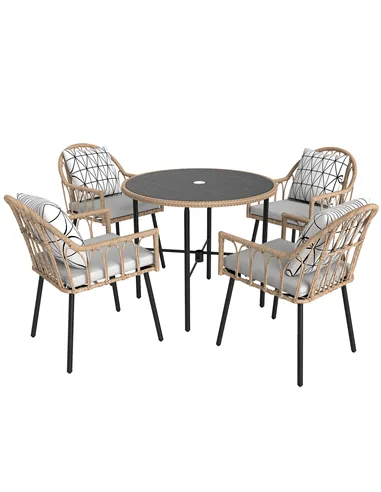 Outsunny 5 Piece Patio Rattan Dining Set, Wicker Garden Table and Chairs w/ Removable Seat & Back Cushions, Round Tempered Glass