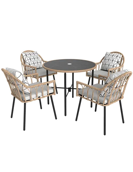 Outsunny 5 Piece Patio Rattan Dining Set, Wicker Garden Table and Chairs w/ Removable Seat & Back Cushions, Round Tempered Glass