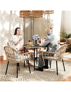 Outsunny 5 Piece Patio Rattan Dining Set, Wicker Garden Table and Chairs w/ Removable Seat & Back Cushions, Round Tempered Glass 2