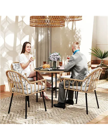 Outsunny 5 Piece Patio Rattan Dining Set, Wicker Garden Table and Chairs w/ Removable Seat & Back Cushions, Round Tempered Glass