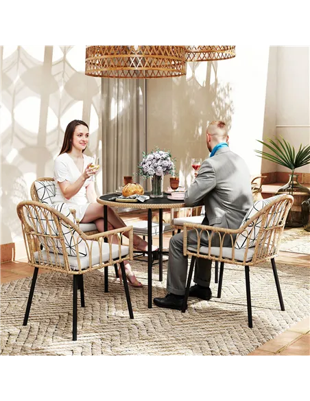 Outsunny 5 Piece Patio Rattan Dining Set, Wicker Garden Table and Chairs w/ Removable Seat & Back Cushions, Round Tempered Glass