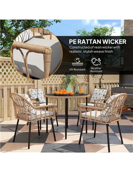 Outsunny 5 Piece Patio Rattan Dining Set, Wicker Garden Table and Chairs w/ Removable Seat & Back Cushions, Round Tempered Glass