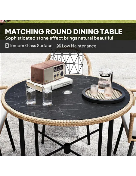 Outsunny 5 Piece Patio Rattan Dining Set, Wicker Garden Table and Chairs w/ Removable Seat & Back Cushions, Round Tempered Glass