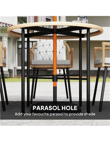 Outsunny 5 Piece Patio Rattan Dining Set, Wicker Garden Table and Chairs w/ Removable Seat & Back Cushions, Round Tempered Glass