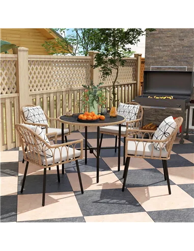 Outsunny 5 Piece Patio Rattan Dining Set, Wicker Garden Table and Chairs w/ Removable Seat & Back Cushions, Round Tempered Glass