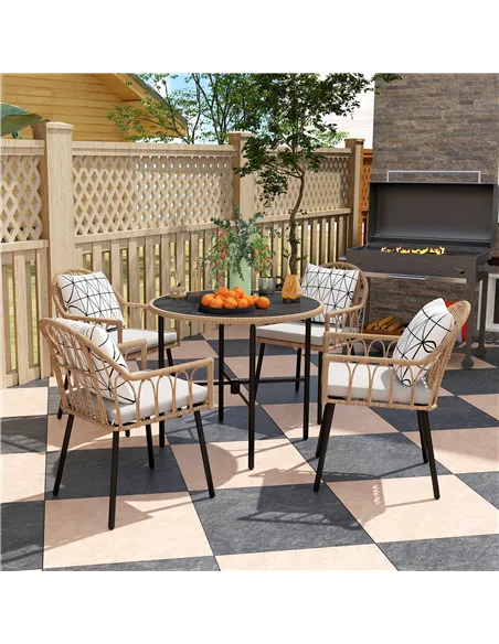 Outsunny 5 Piece Patio Rattan Dining Set, Wicker Garden Table and Chairs w/ Removable Seat & Back Cushions, Round Tempered Glass