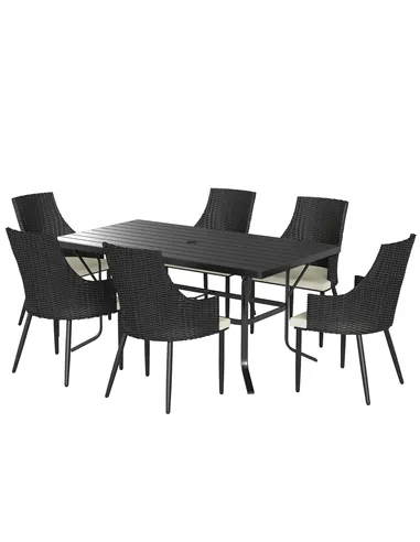 Outsunny 6 Seater Rattan Dining Set with Cushions, Garden Furniture Set with Armchairs, Rectangle Slatted Table Top, Steel Frame