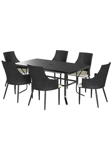 Outsunny 6 Seater Rattan Dining Set with Cushions, Garden Furniture Set with Armchairs, Rectangle Slatted Table Top, Steel Frame