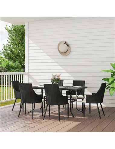 Outsunny 6 Seater Rattan Dining Set with Cushions, Garden Furniture Set with Armchairs, Rectangle Slatted Table Top, Steel Frame
