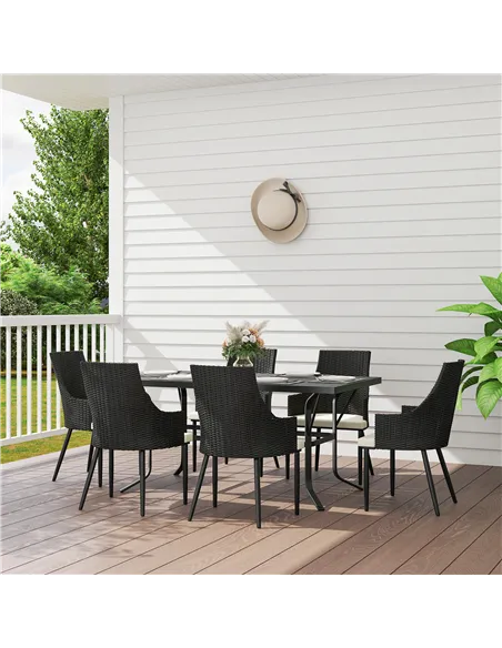 Outsunny 6 Seater Rattan Dining Set with Cushions, Garden Furniture Set with Armchairs, Rectangle Slatted Table Top, Steel Frame