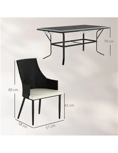 Outsunny 6 Seater Rattan Dining Set with Cushions, Garden Furniture Set with Armchairs, Rectangle Slatted Table Top, Steel Frame