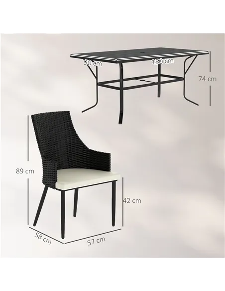 Outsunny 6 Seater Rattan Dining Set with Cushions, Garden Furniture Set with Armchairs, Rectangle Slatted Table Top, Steel Frame