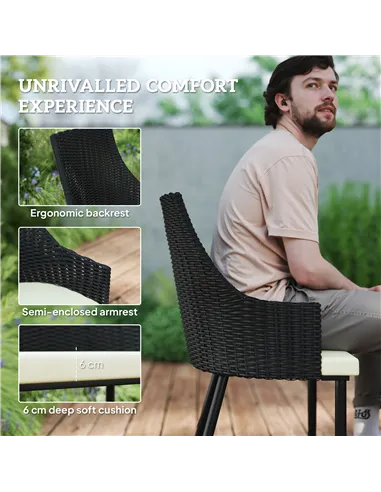 Outsunny 6 Seater Rattan Dining Set with Cushions, Garden Furniture Set with Armchairs, Rectangle Slatted Table Top, Steel Frame