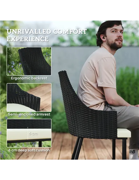 Outsunny 6 Seater Rattan Dining Set with Cushions, Garden Furniture Set with Armchairs, Rectangle Slatted Table Top, Steel Frame