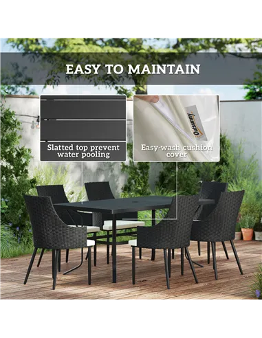 Outsunny 6 Seater Rattan Dining Set with Cushions, Garden Furniture Set with Armchairs, Rectangle Slatted Table Top, Steel Frame