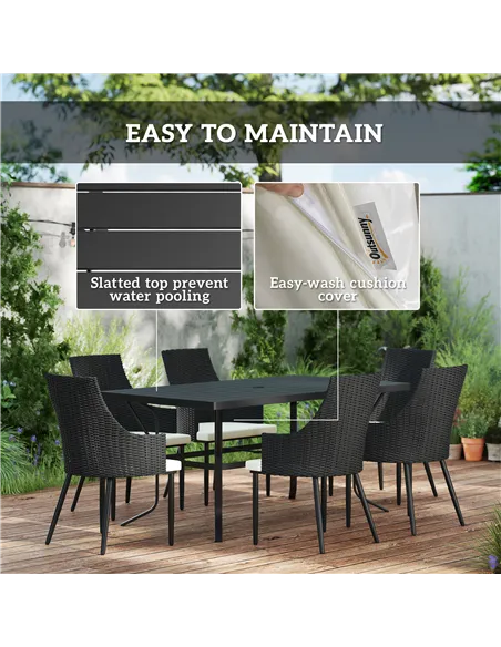 Outsunny 6 Seater Rattan Dining Set with Cushions, Garden Furniture Set with Armchairs, Rectangle Slatted Table Top, Steel Frame