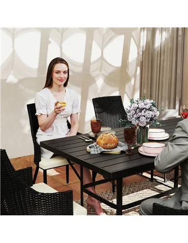 Outsunny 6 Seater Rattan Dining Set with Cushions, Garden Furniture Set with Armchairs, Rectangle Slatted Table Top, Steel Frame