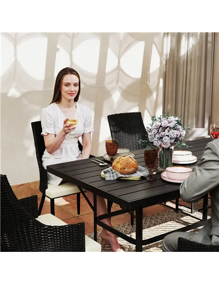 Outsunny 6 Seater Rattan Dining Set with Cushions, Garden Furniture Set with Armchairs, Rectangle Slatted Table Top, Steel Frame