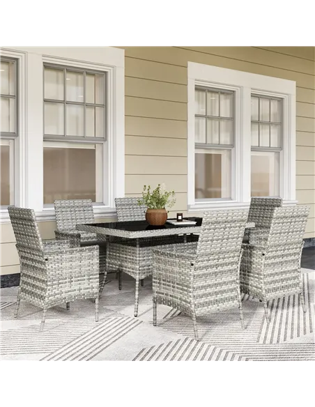 Outsunny Seven-Piece Rattan Dining Set - Mixed-Grey